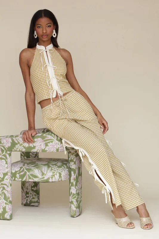 Gingham Ramie Blend Side Tie Pants sold by Avec Les Filles