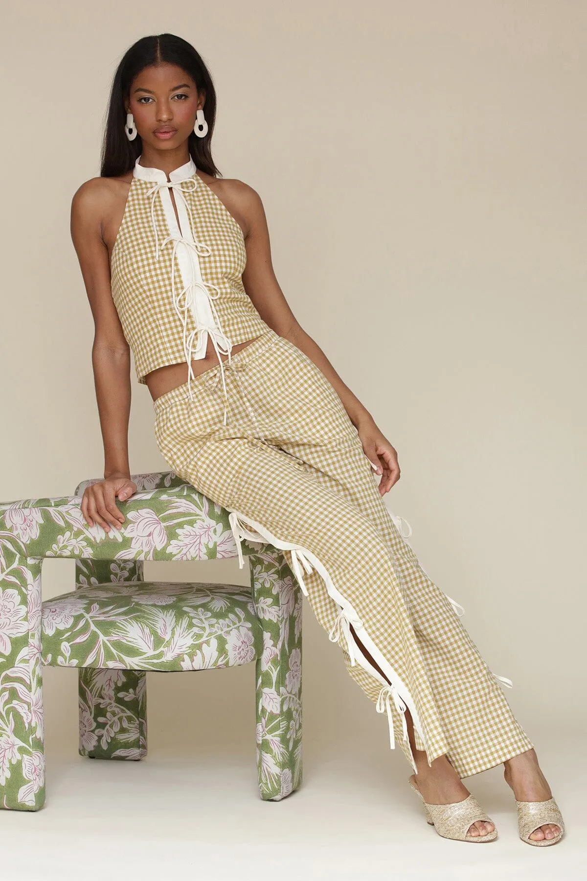 Gingham Ramie Blend Side Tie Pants sold by Avec Les Filles