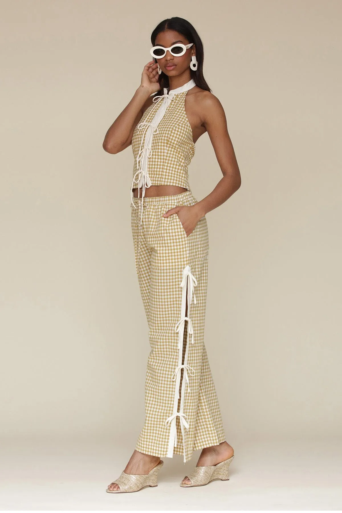 Gingham Ramie Blend Side Tie Pants sold by Avec Les Filles product image thumbnail 3