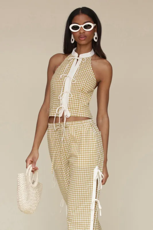 Gingham Ramie Blend Bow Detail Halter Top sold by Avec Les Filles