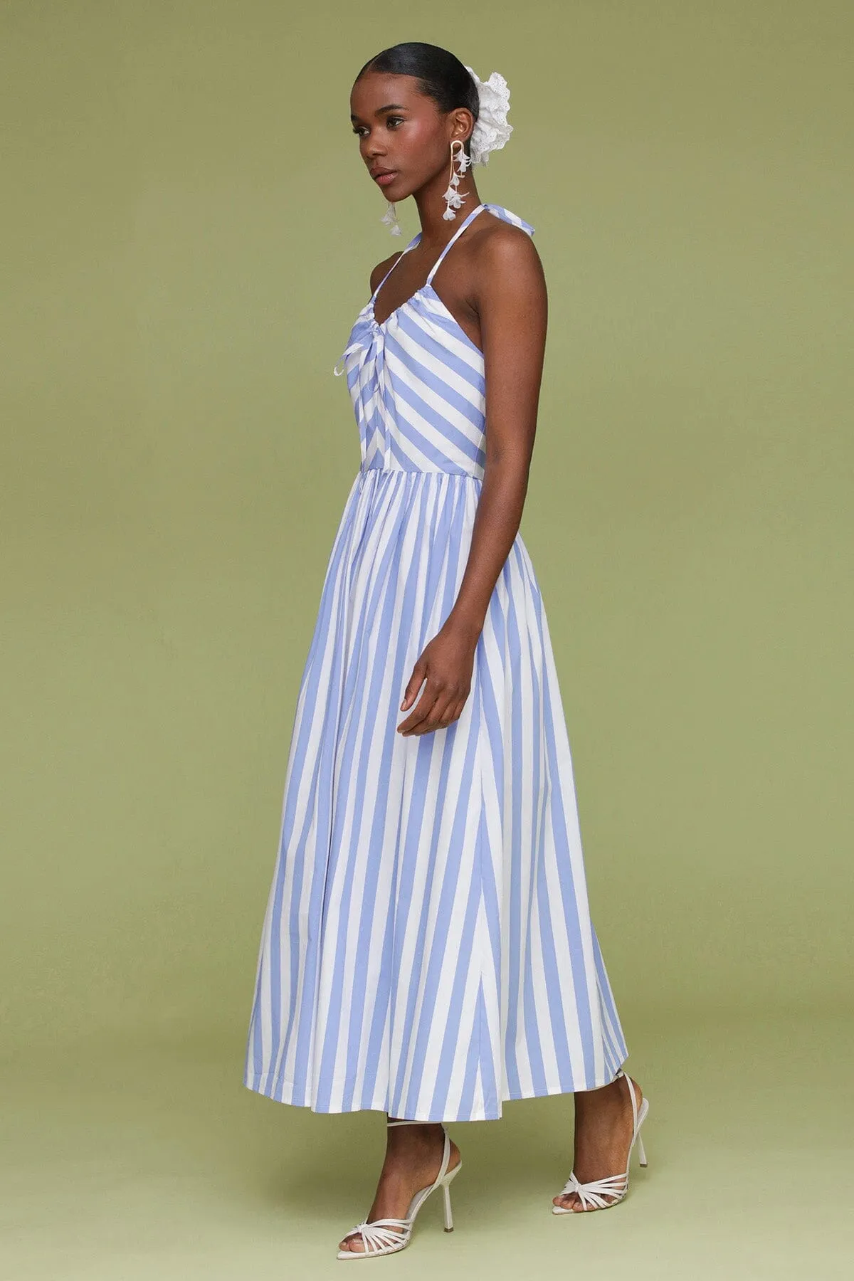 Striped Cotton Halter Tie Midi Dress sold by Avec Les Filles product image thumbnail 5