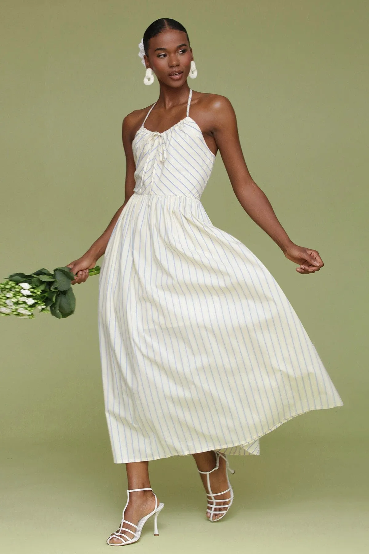 Striped Cotton Halter Tie Midi Dress sold by Avec Les Filles product image thumbnail 3