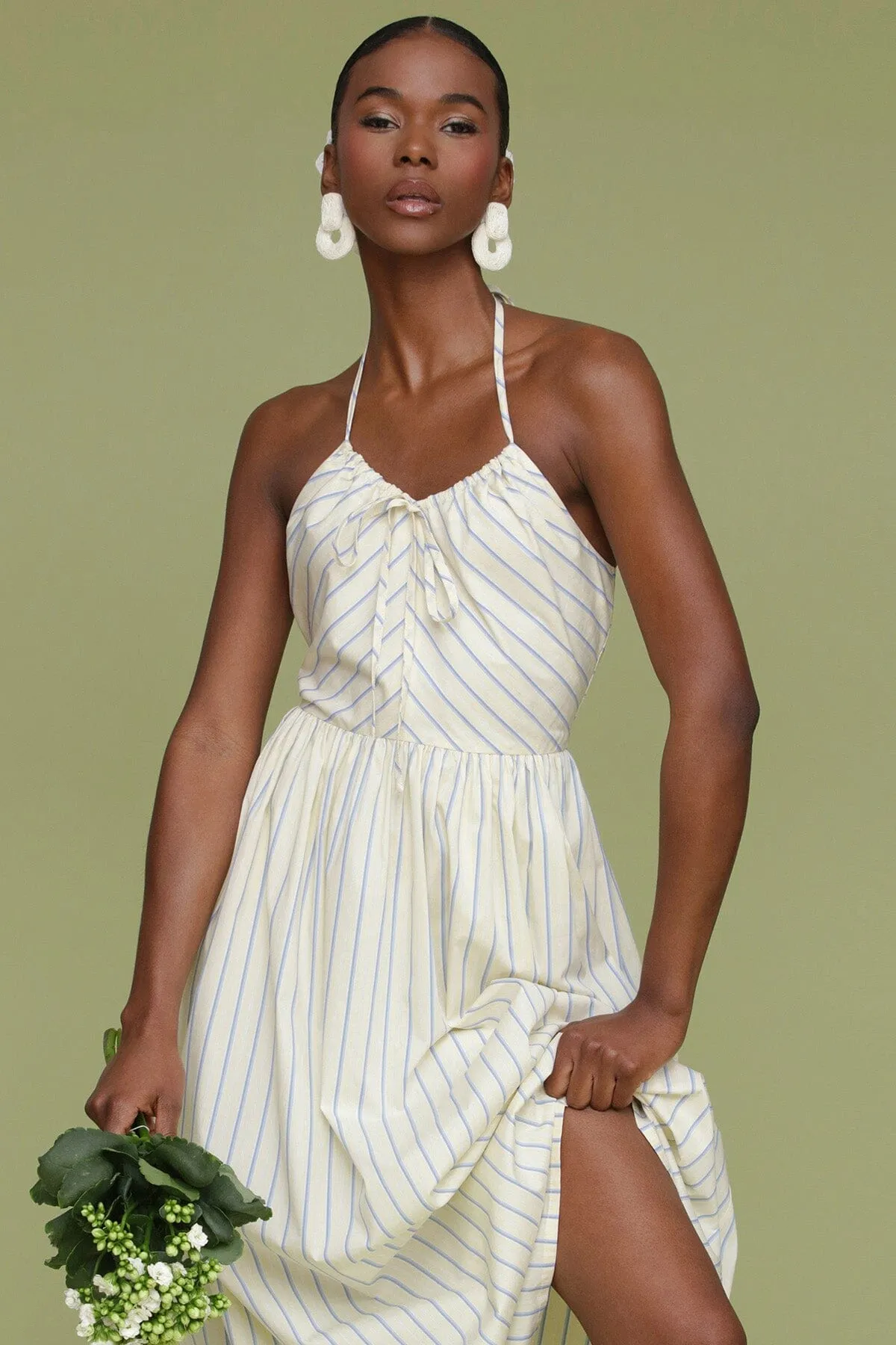 Striped Cotton Halter Tie Midi Dress sold by Avec Les Filles product image thumbnail 2