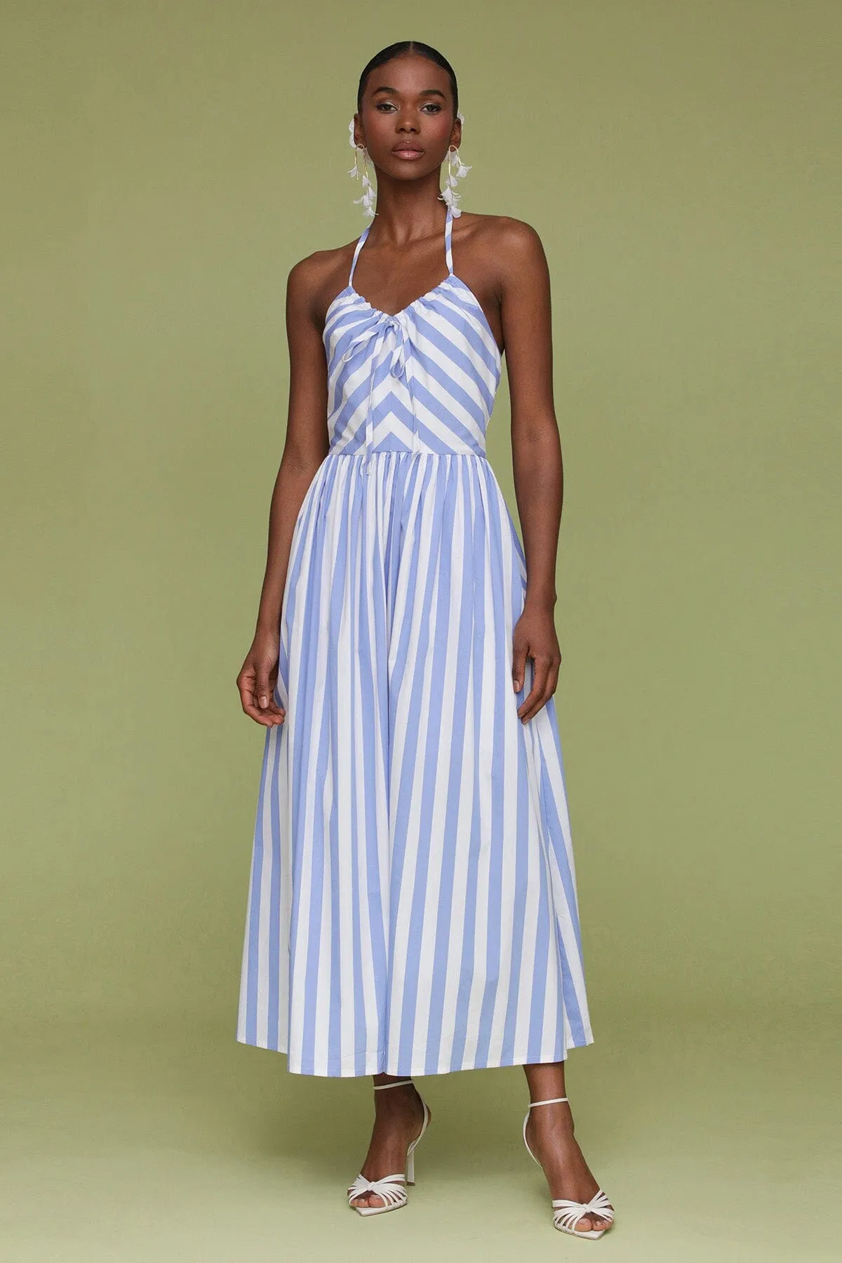 Striped Cotton Halter Tie Midi Dress sold by Avec Les Filles product image thumbnail 4
