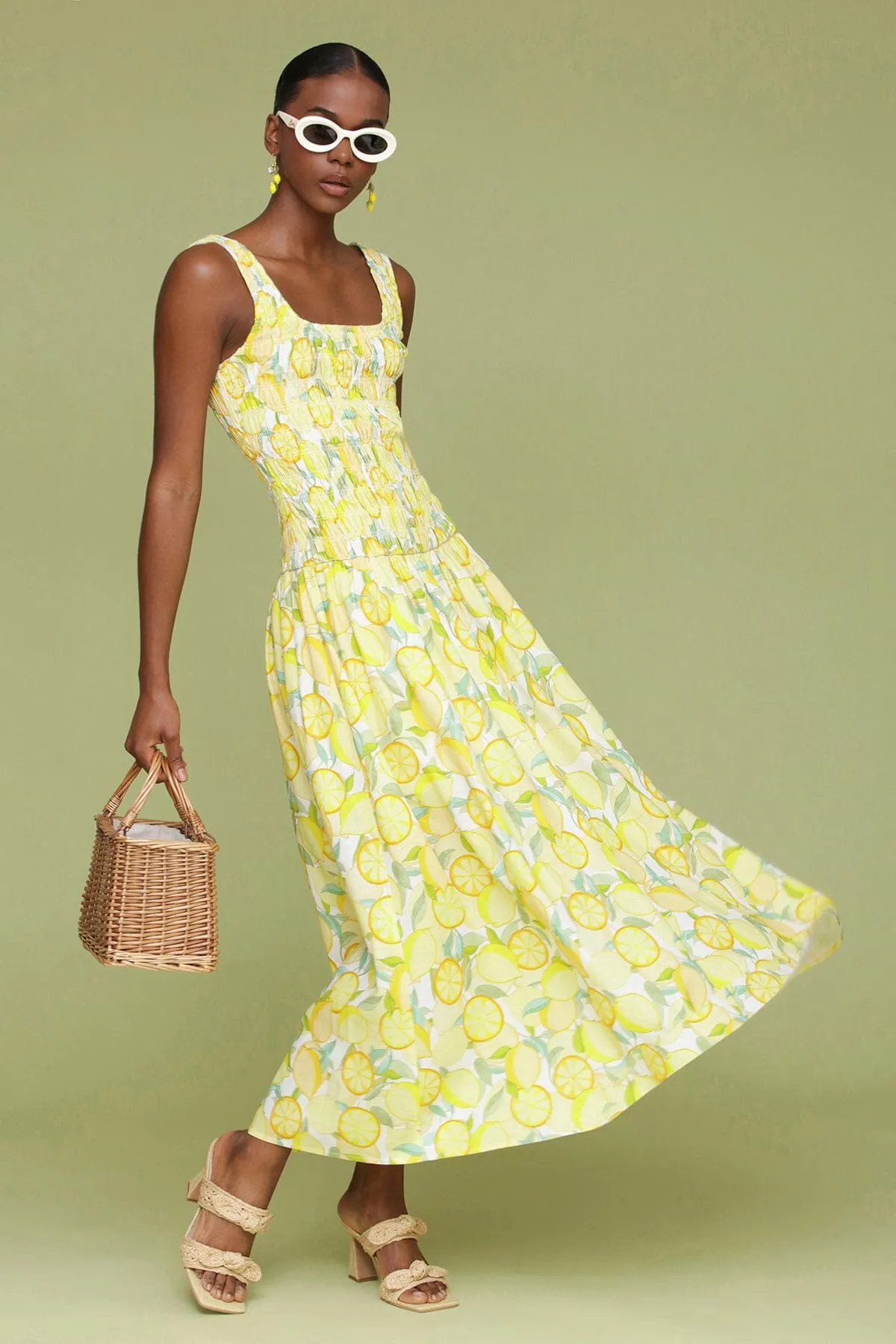 Printed Linen Blend Drop-Waist Smock Midi Dress sold by Avec Les Filles product image thumbnail 3