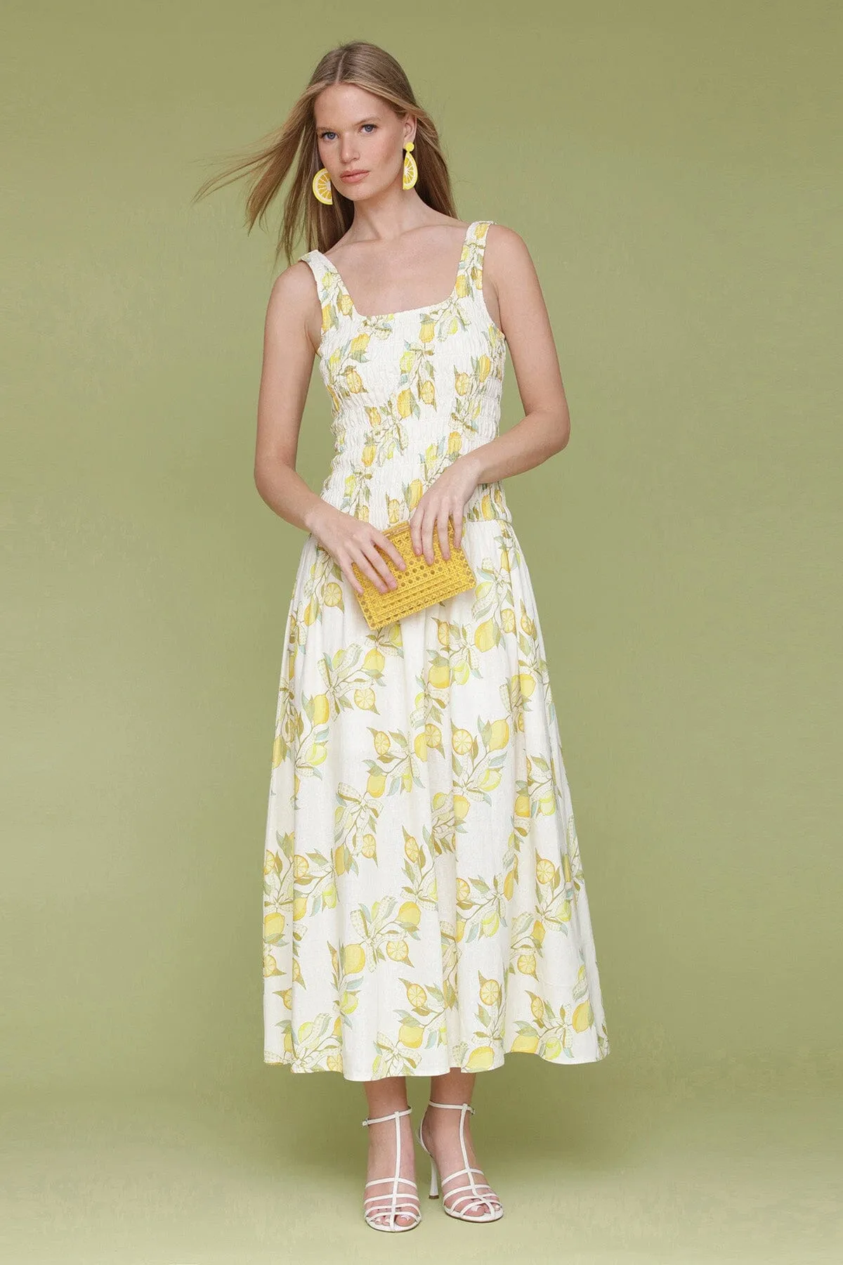 Printed Linen Blend Drop-Waist Smock Midi Dress sold by Avec Les Filles