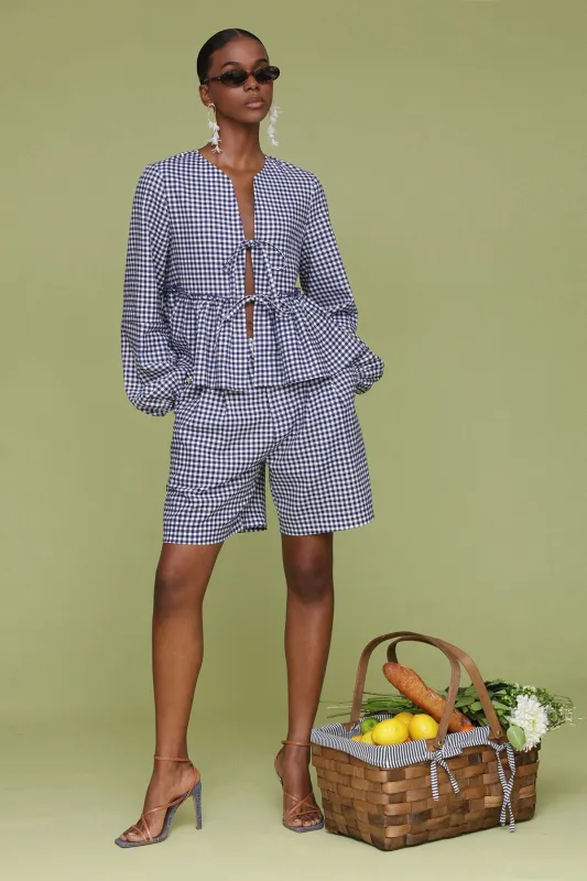Gingham Linen Blend Tie-Front Blouse sold by Avec Les Filles
