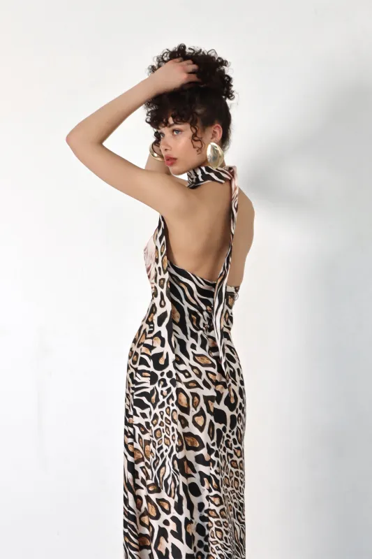 Scarf Tie Leopard Print Halter Maxi Dress sold by Avec Les Filles