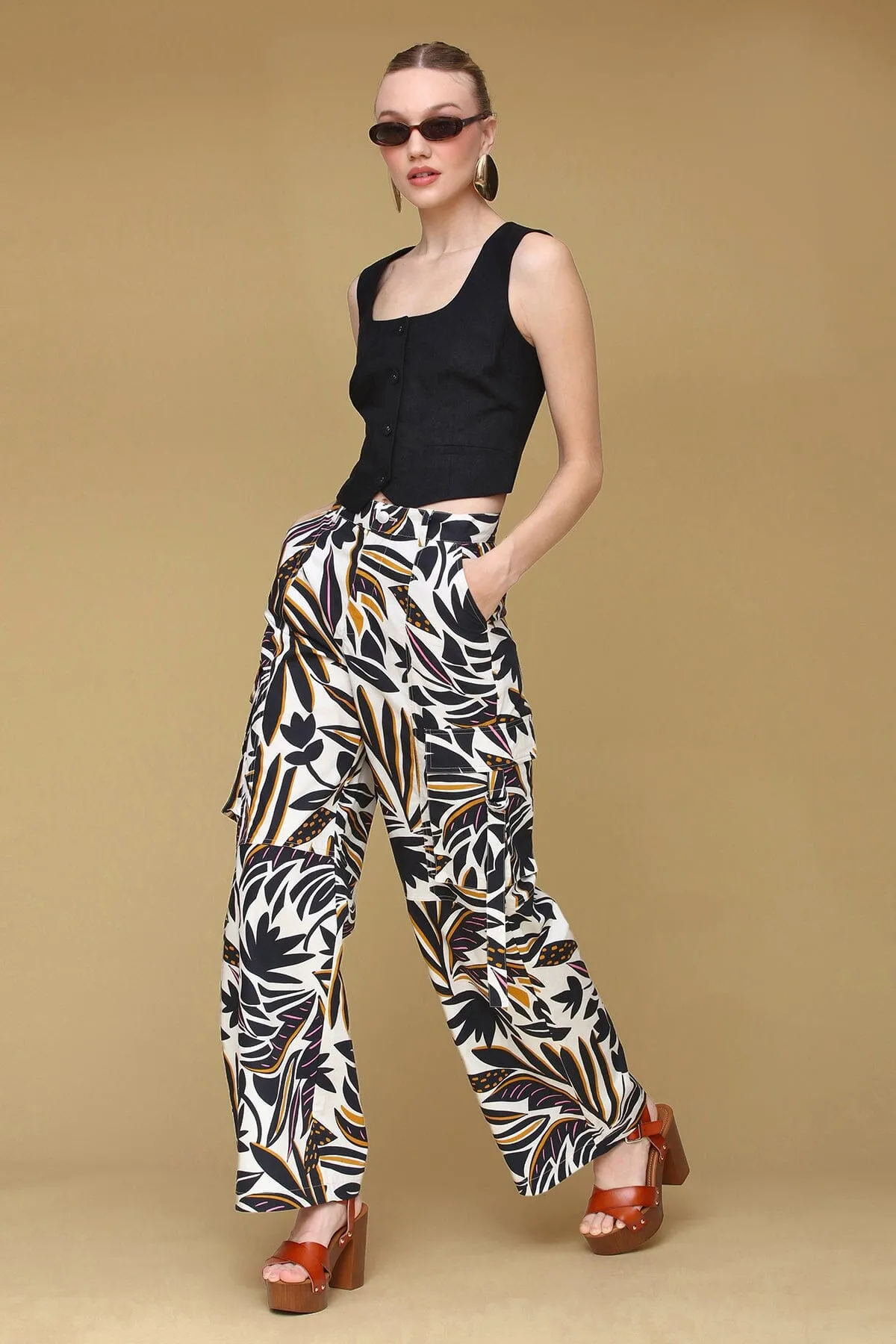Tropical Print Linen Blend Wide Leg Cargo Pant sold by Avec Les Filles