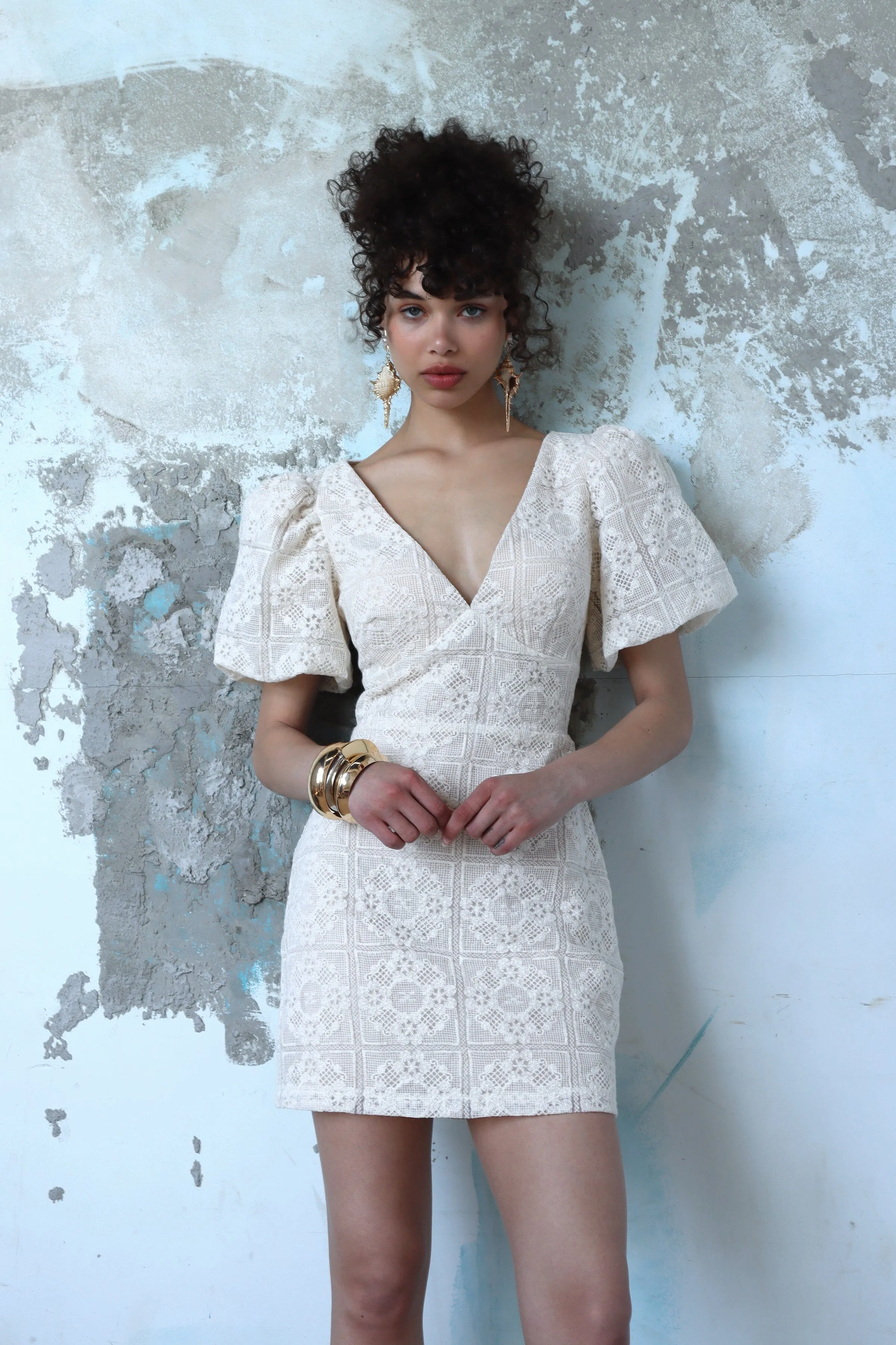 Puff Sleeve Crochet Mini Dress sold by Avec Les Filles product image thumbnail 2