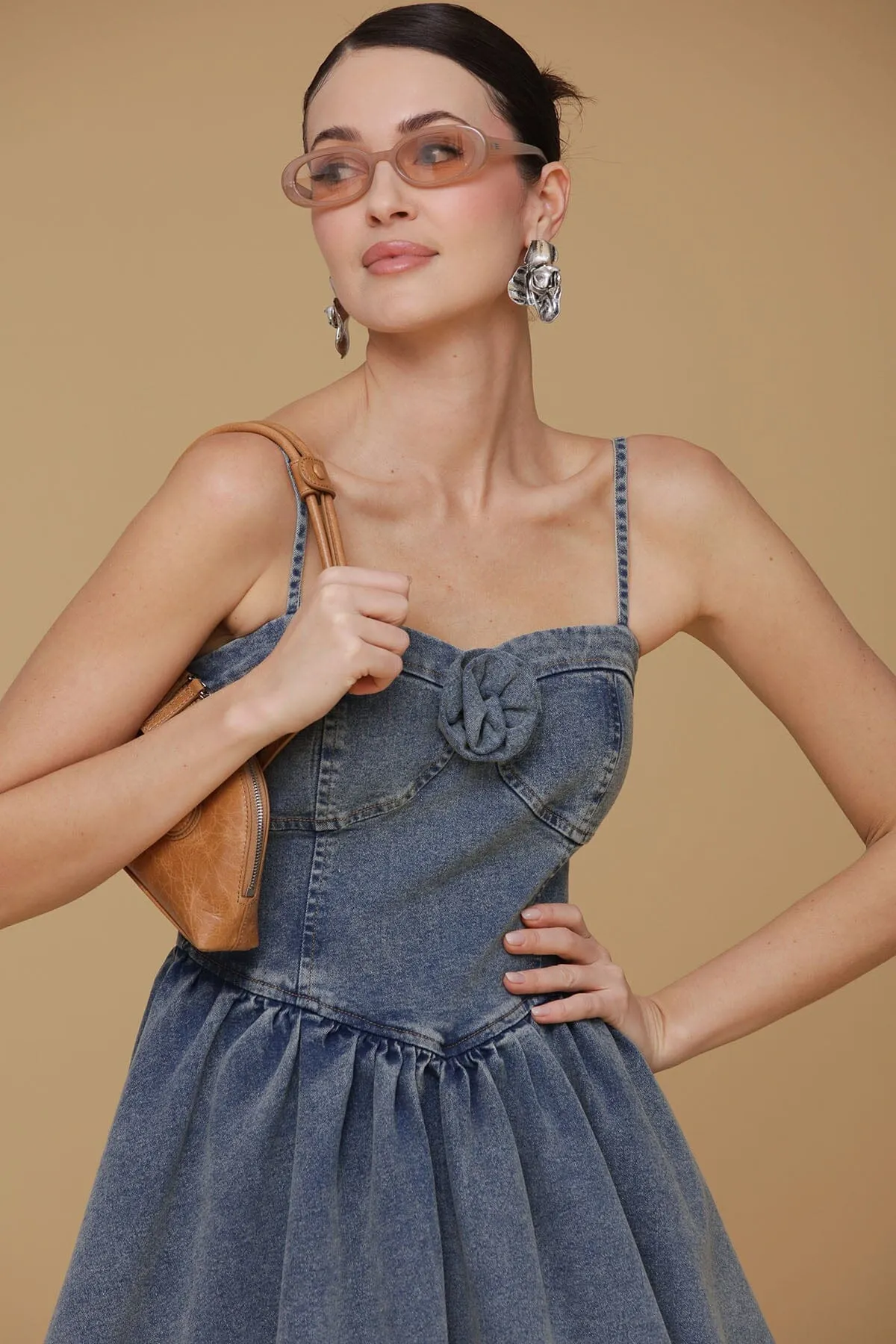 Rosette Detail Denim Mini Dress sold by Avec Les Filles product image thumbnail 2