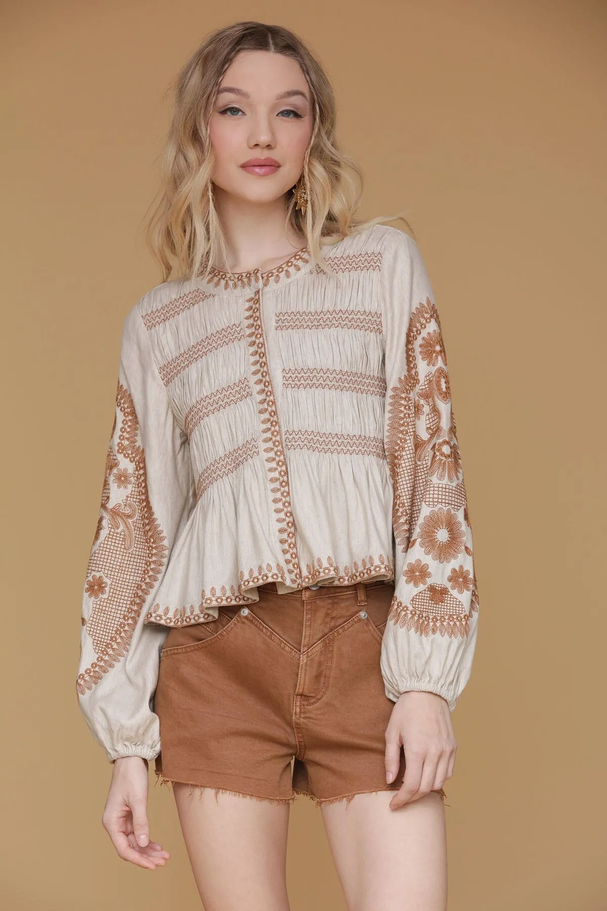 Embroidered Ramie Blend Peplum Jacket Top sold by Avec Les Filles product image thumbnail 4