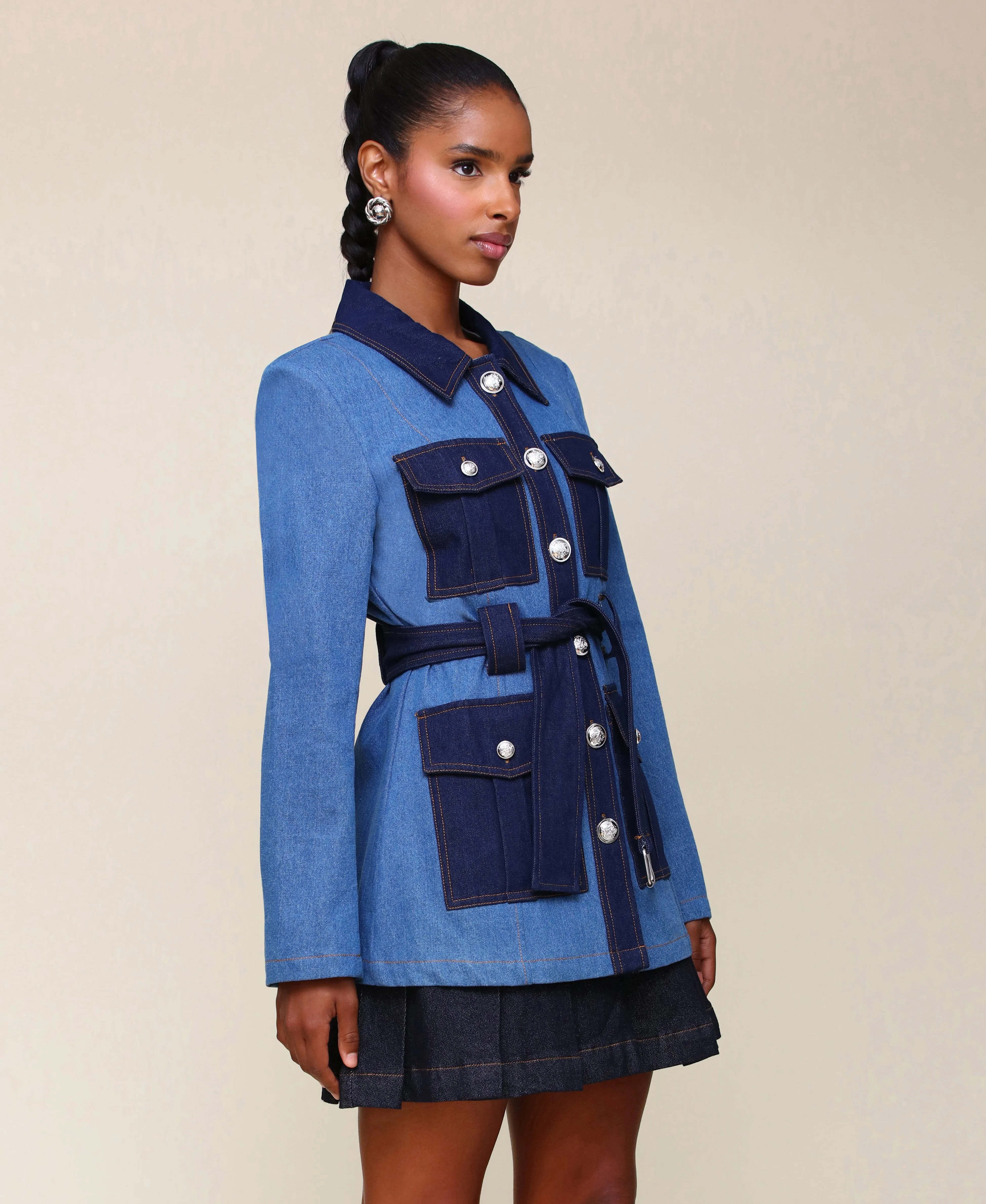 Two-Tone Denim Belted Military Jacket sold by Avec Les Filles product image thumbnail 3
