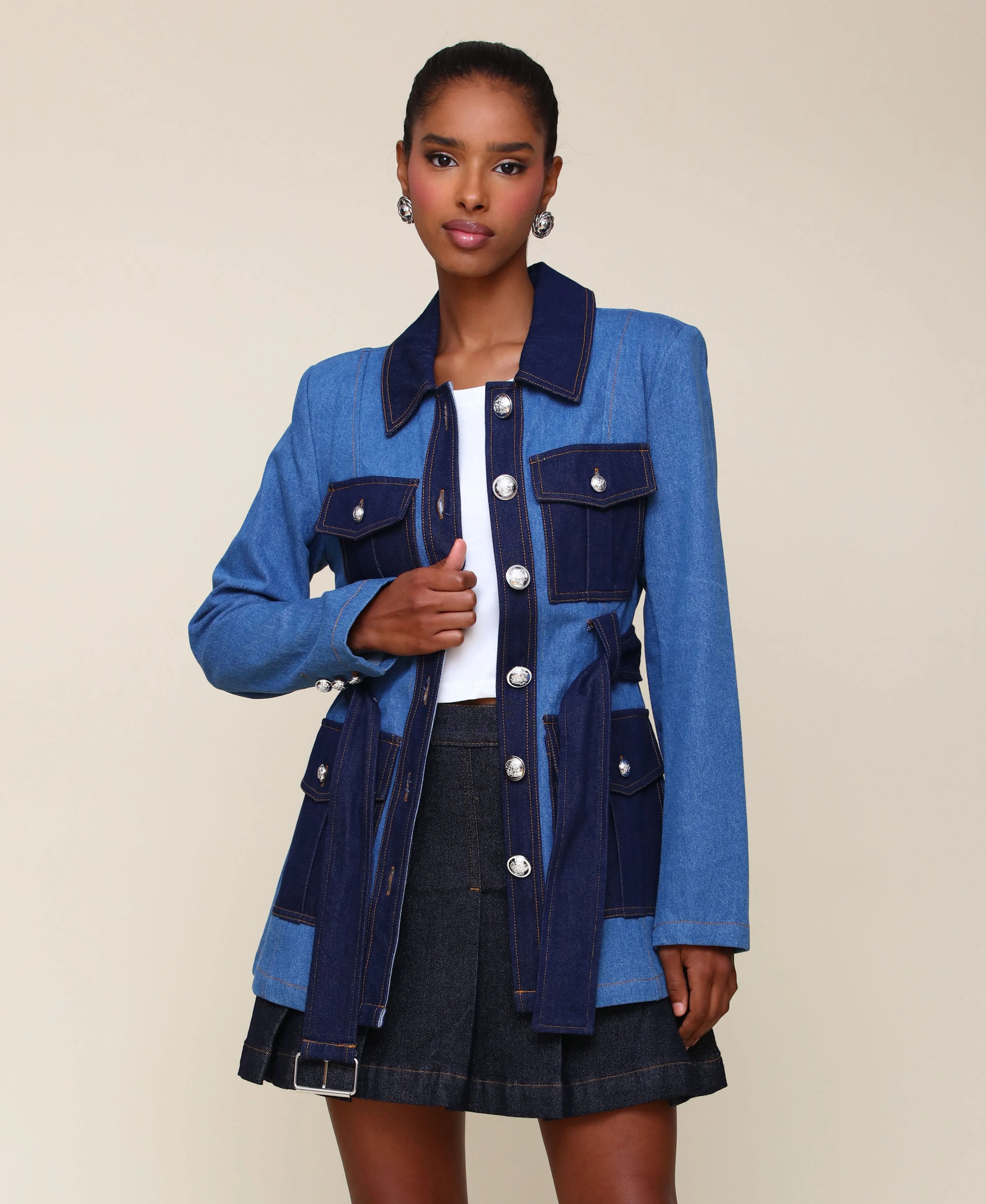 Two-Tone Denim Belted Military Jacket sold by Avec Les Filles