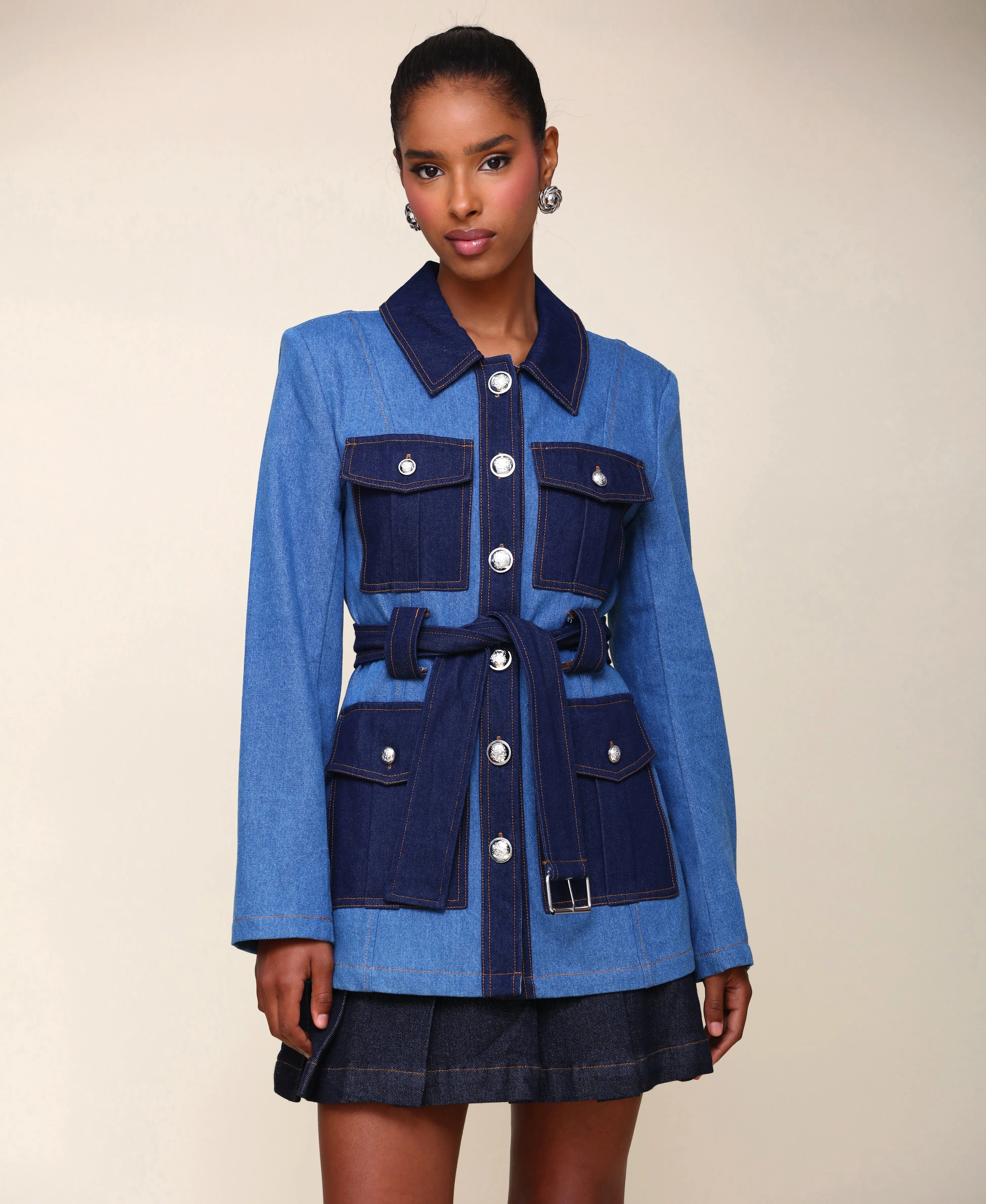 Two-Tone Denim Belted Military Jacket sold by Avec Les Filles product image thumbnail 2