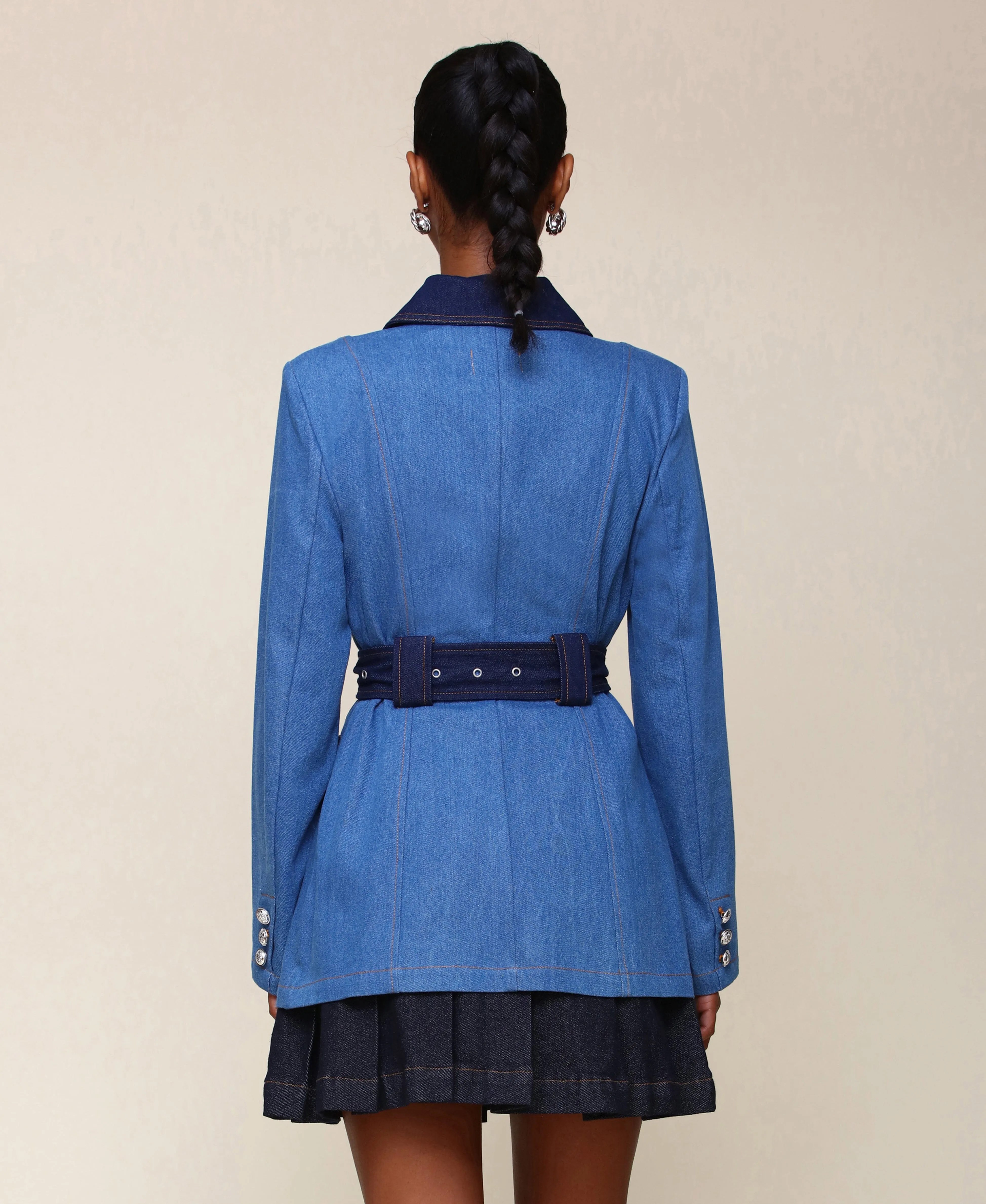 Two-Tone Denim Belted Military Jacket sold by Avec Les Filles product image thumbnail 4