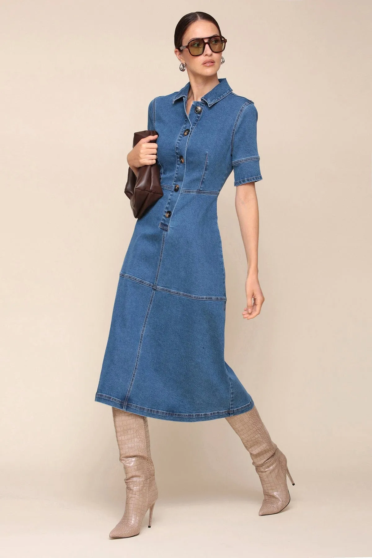 Denim Short Sleeve Midi Shirtdress sold by Avec Les Filles