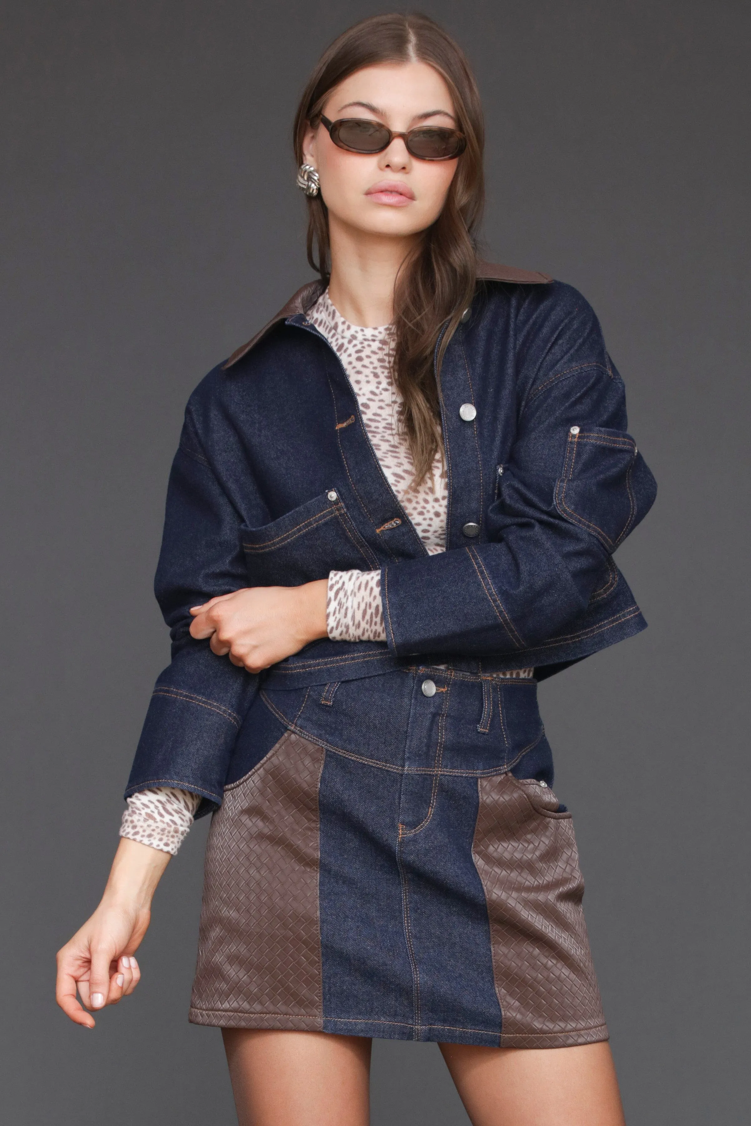 Mixed Media Faux Suede Denim Cropped Jacket sold by Avec Les Filles