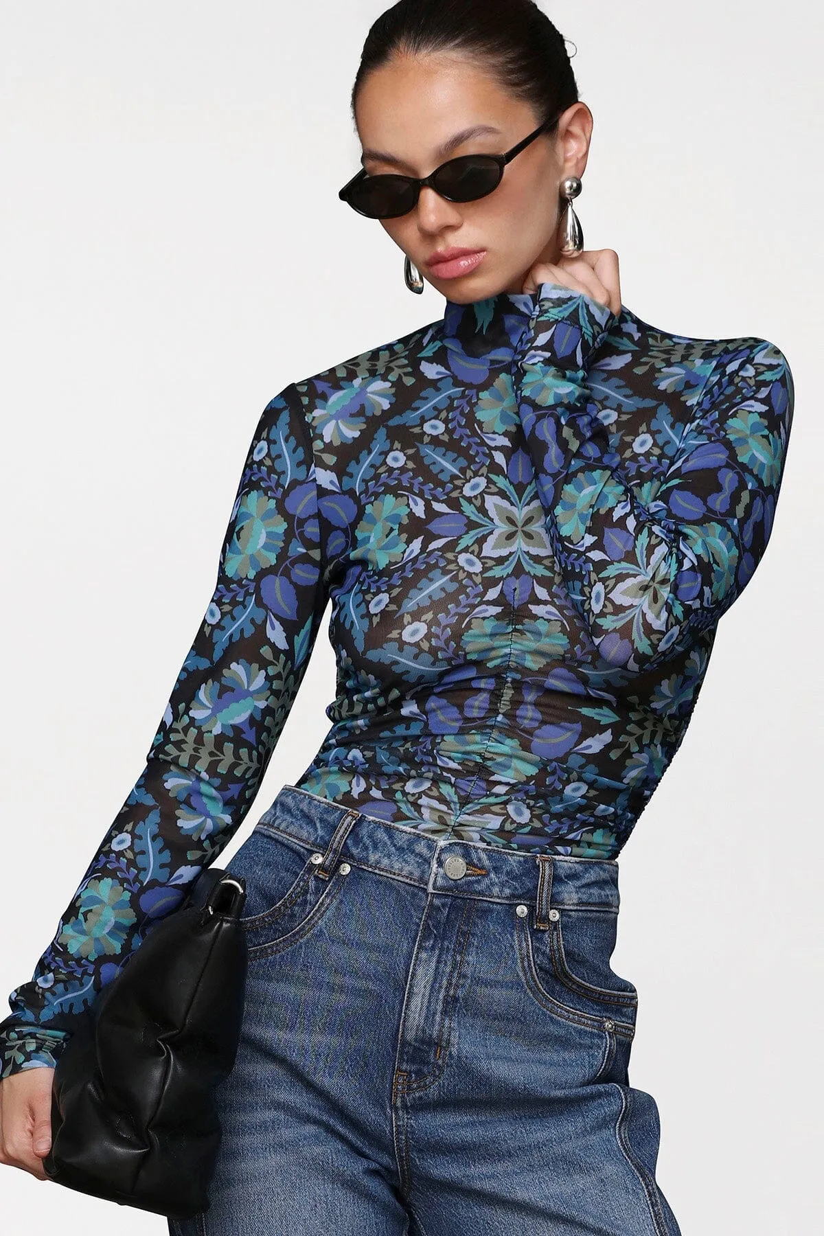 Printed Mesh Mock Neck Top sold by Avec Les Filles