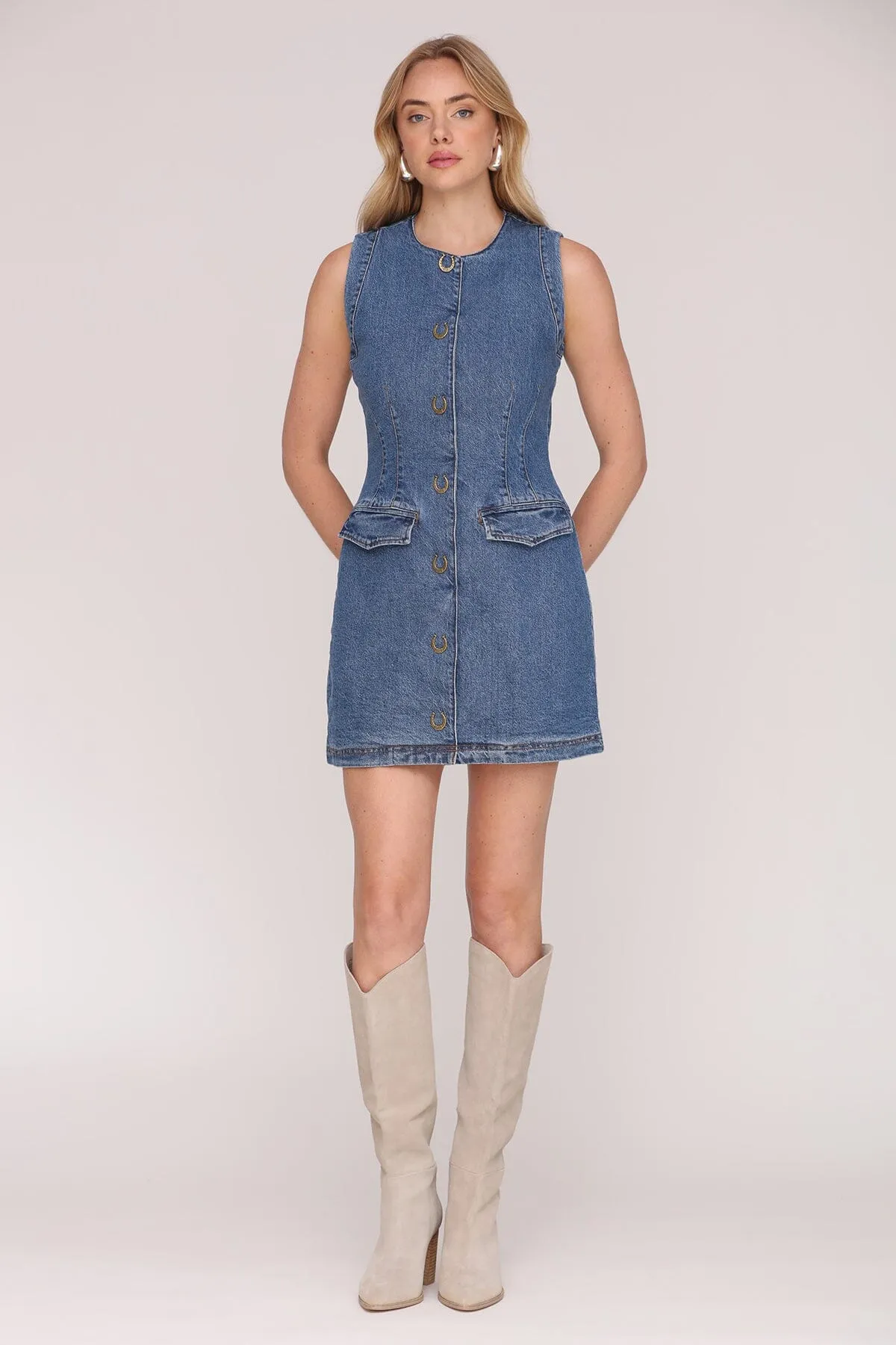 Horseshoe Button Denim Mini Dress sold by Avec Les Filles