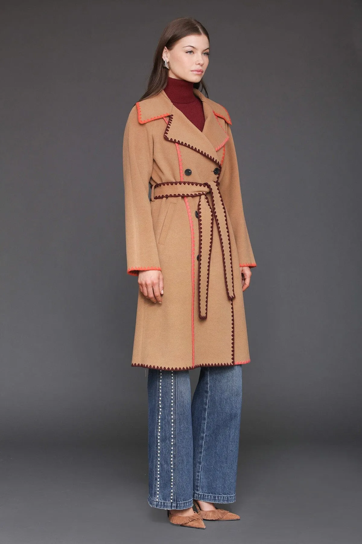 Contrast Blanket Stitch Wrap Coat sold by Avec Les Filles product image thumbnail 5