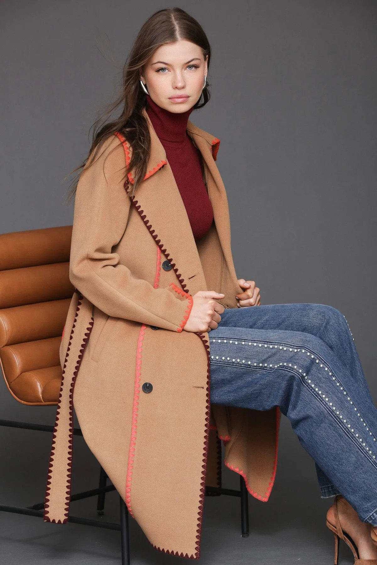 Contrast Blanket Stitch Wrap Coat sold by Avec Les Filles product image thumbnail 2