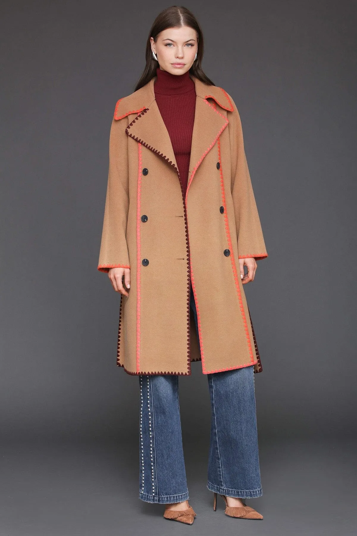 Contrast Blanket Stitch Wrap Coat sold by Avec Les Filles product image thumbnail 3