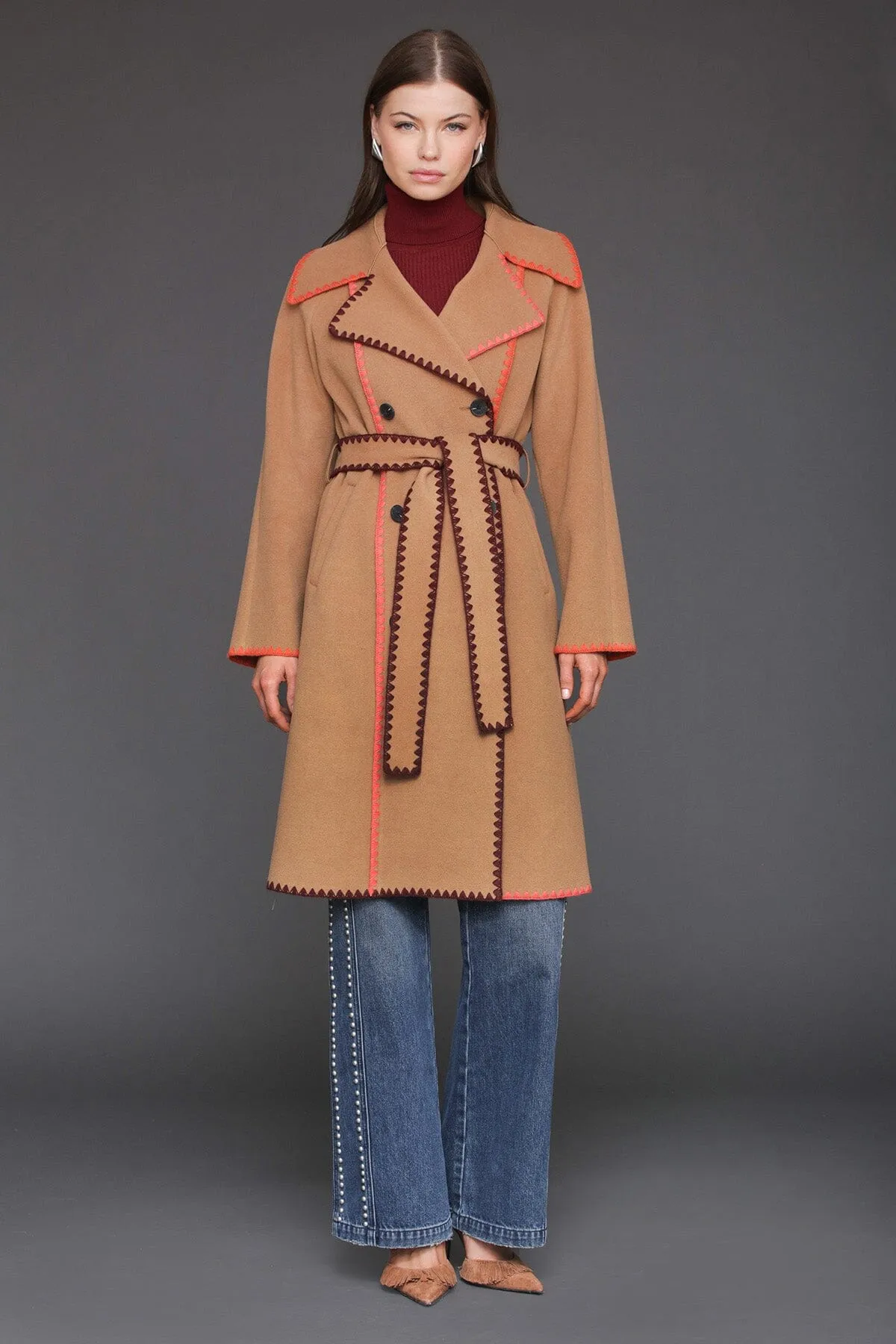 Contrast Blanket Stitch Wrap Coat sold by Avec Les Filles product image thumbnail 4