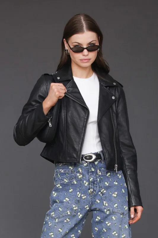 Cropped Genuine Leather Biker Jacket sold by Avec Les Filles