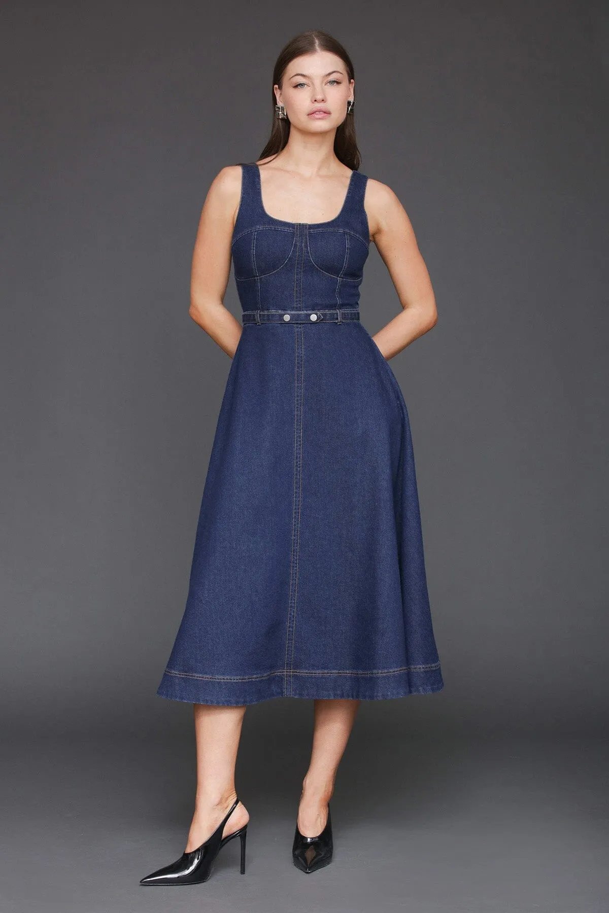 Denim Fit & Flare Bustier Midi Dress sold by Avec Les Filles product image thumbnail 4
