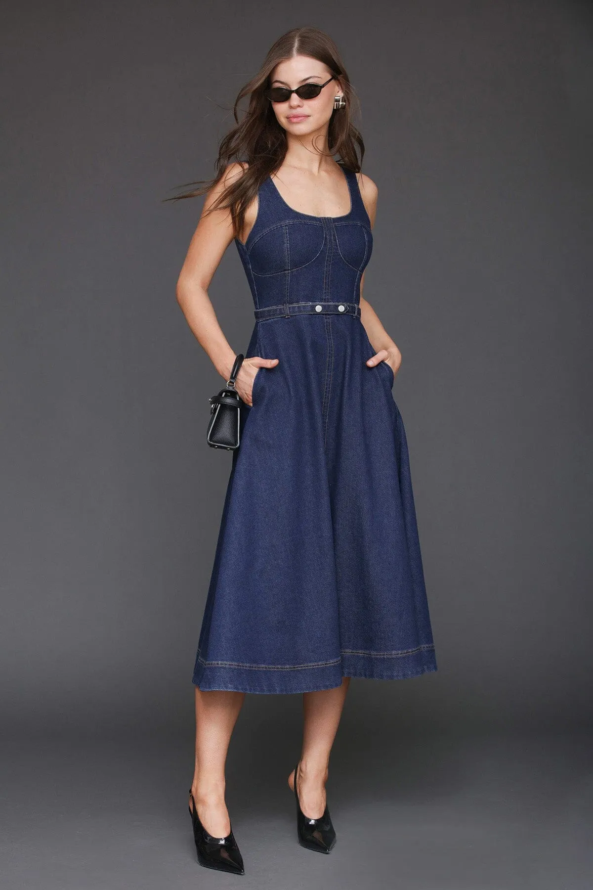 Denim Fit & Flare Bustier Midi Dress sold by Avec Les Filles product image thumbnail 2