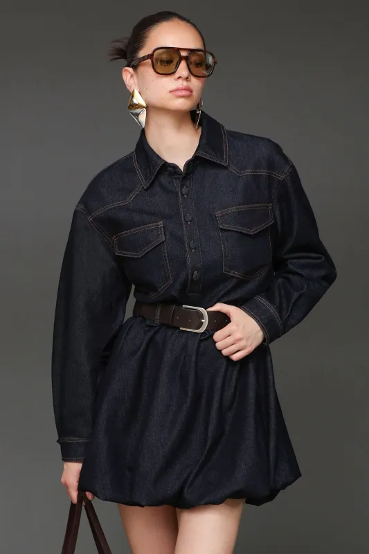Belted Denim Bubble Hem Shirtdress sold by Avec Les Filles