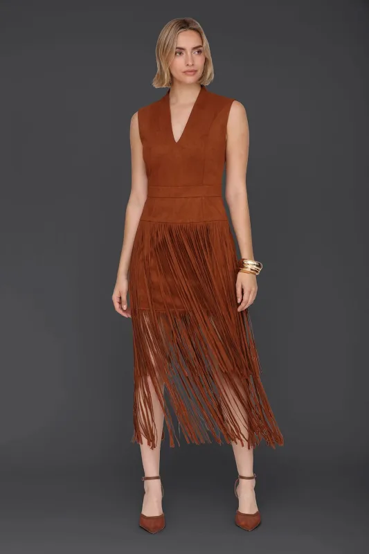 Faux Suede Tiered Fringe Midi Dress sold by Avec Les Filles