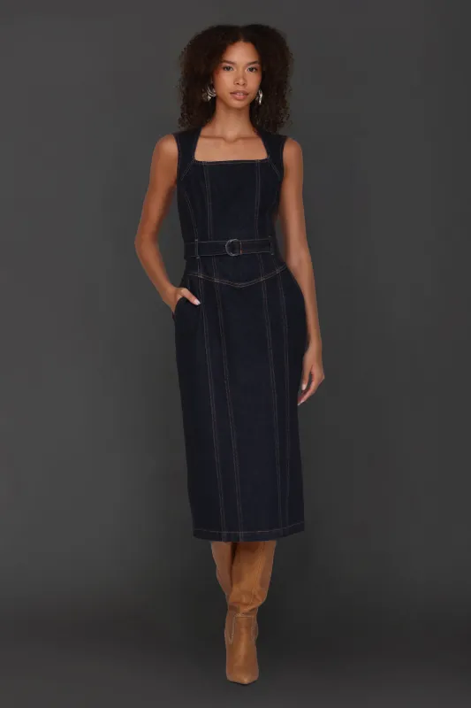 Tailored Denim Belted Midi Dress sold by Avec Les Filles