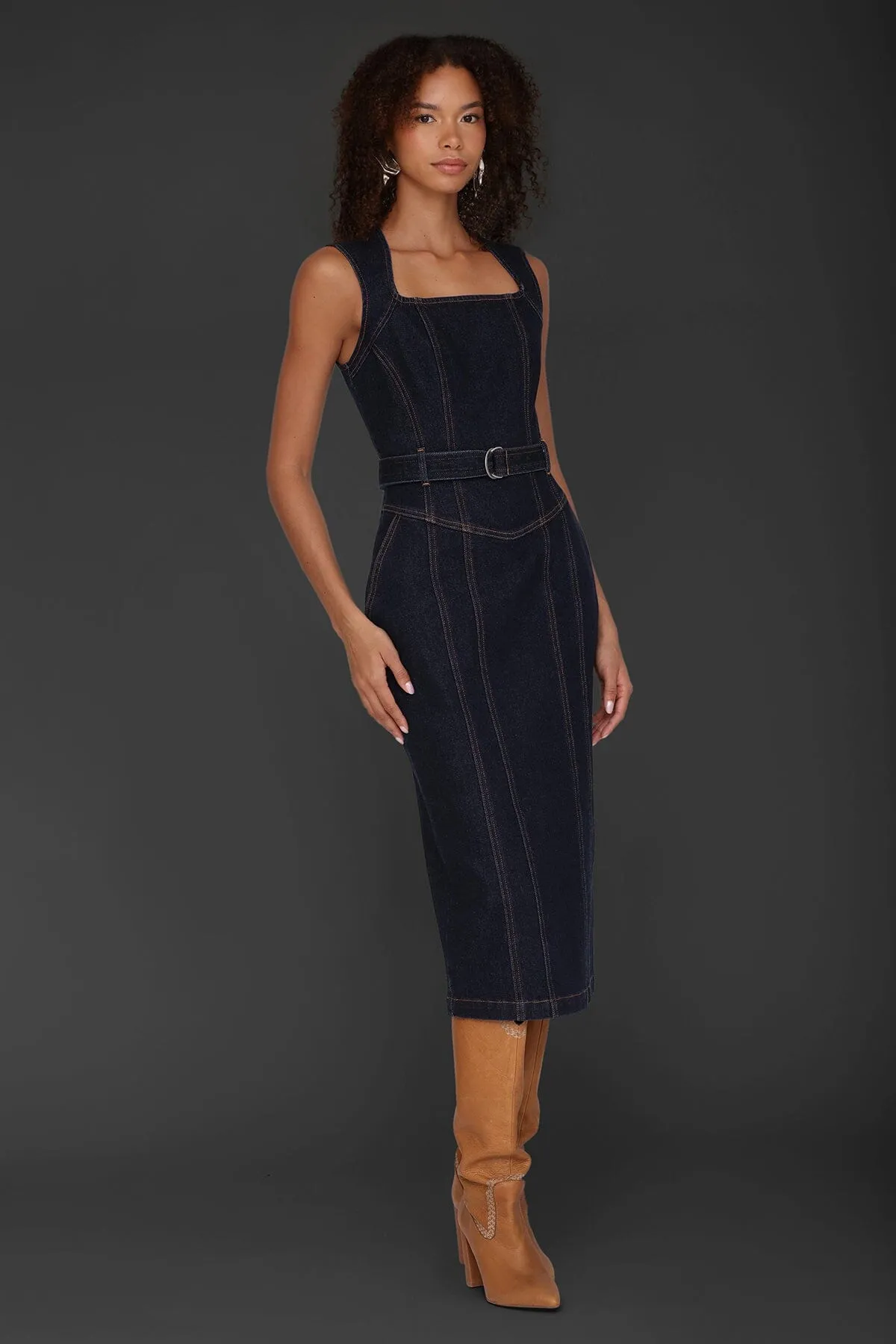 Tailored Denim Belted Midi Dress sold by Avec Les Filles product image thumbnail 4