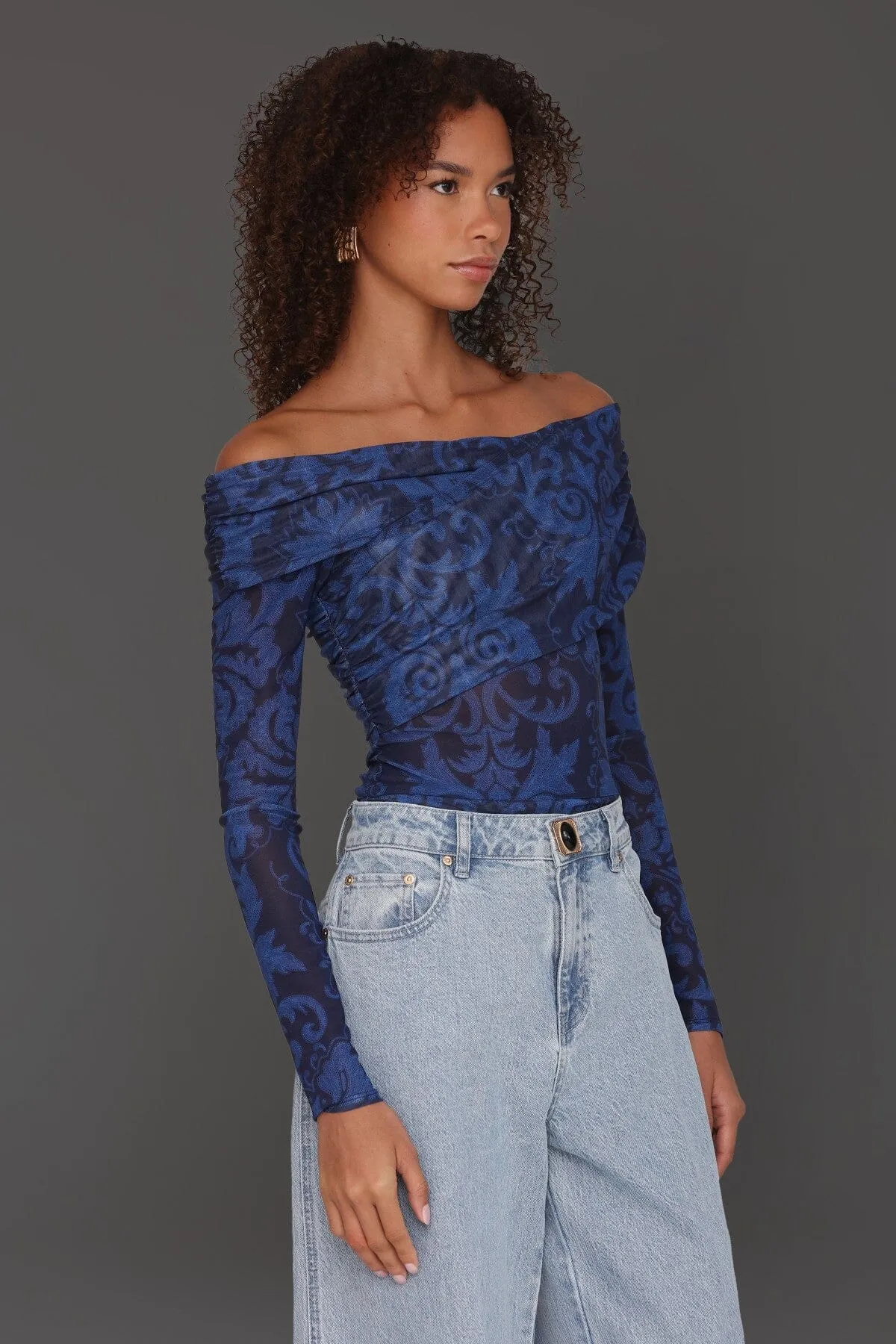 Off-Shoulder Paisley Mesh Bodysuit sold by Avec Les Filles product image thumbnail 5