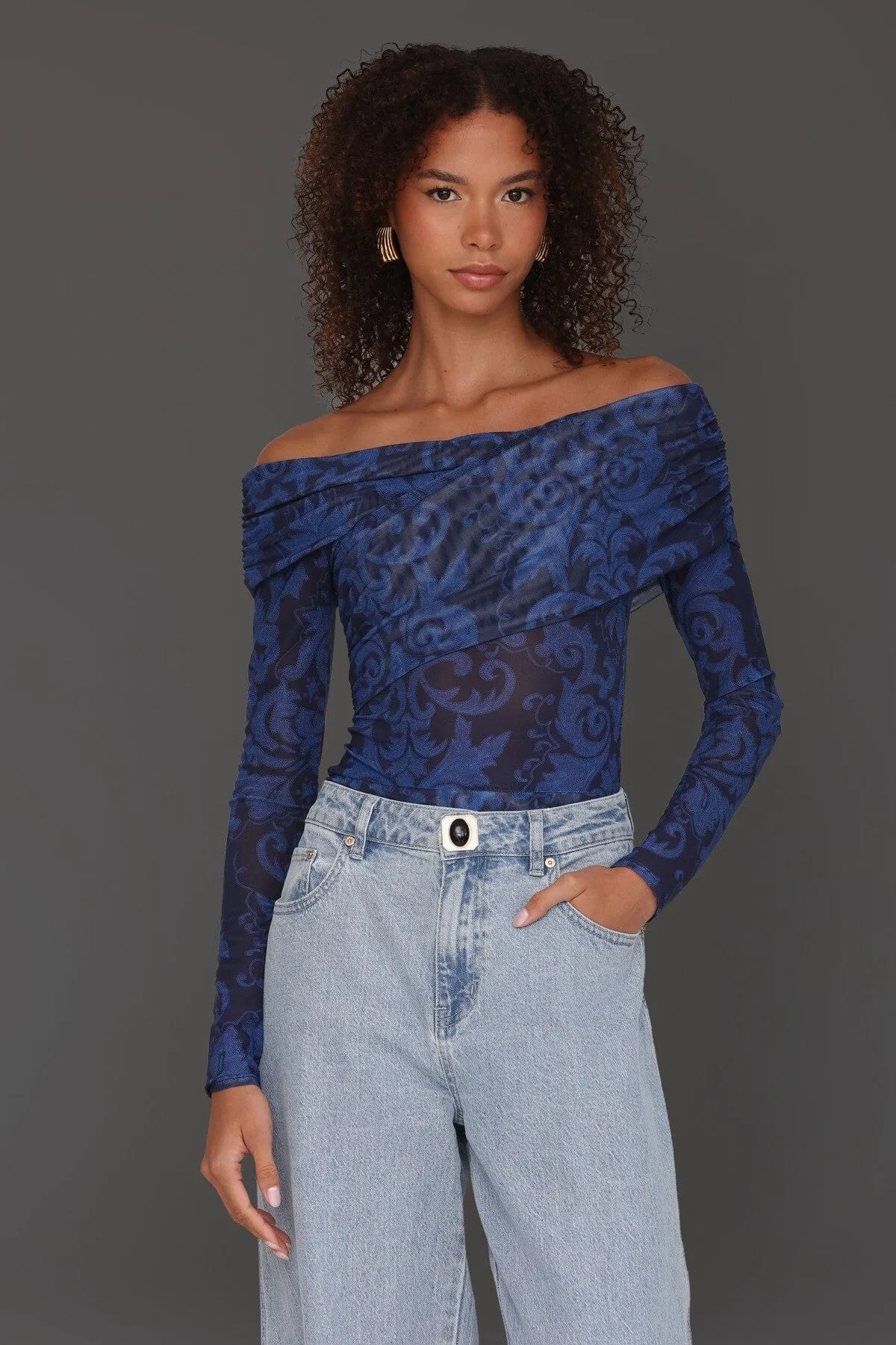 Off-Shoulder Paisley Mesh Bodysuit sold by Avec Les Filles product image thumbnail 4