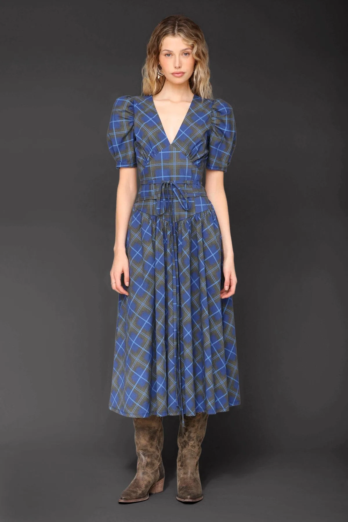 Plaid Cotton Puff Sleeve Midi Dress sold by Avec Les Filles product image thumbnail 3