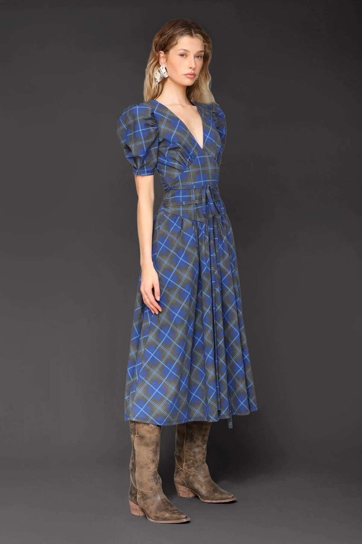Plaid Cotton Puff Sleeve Midi Dress sold by Avec Les Filles product image thumbnail 4