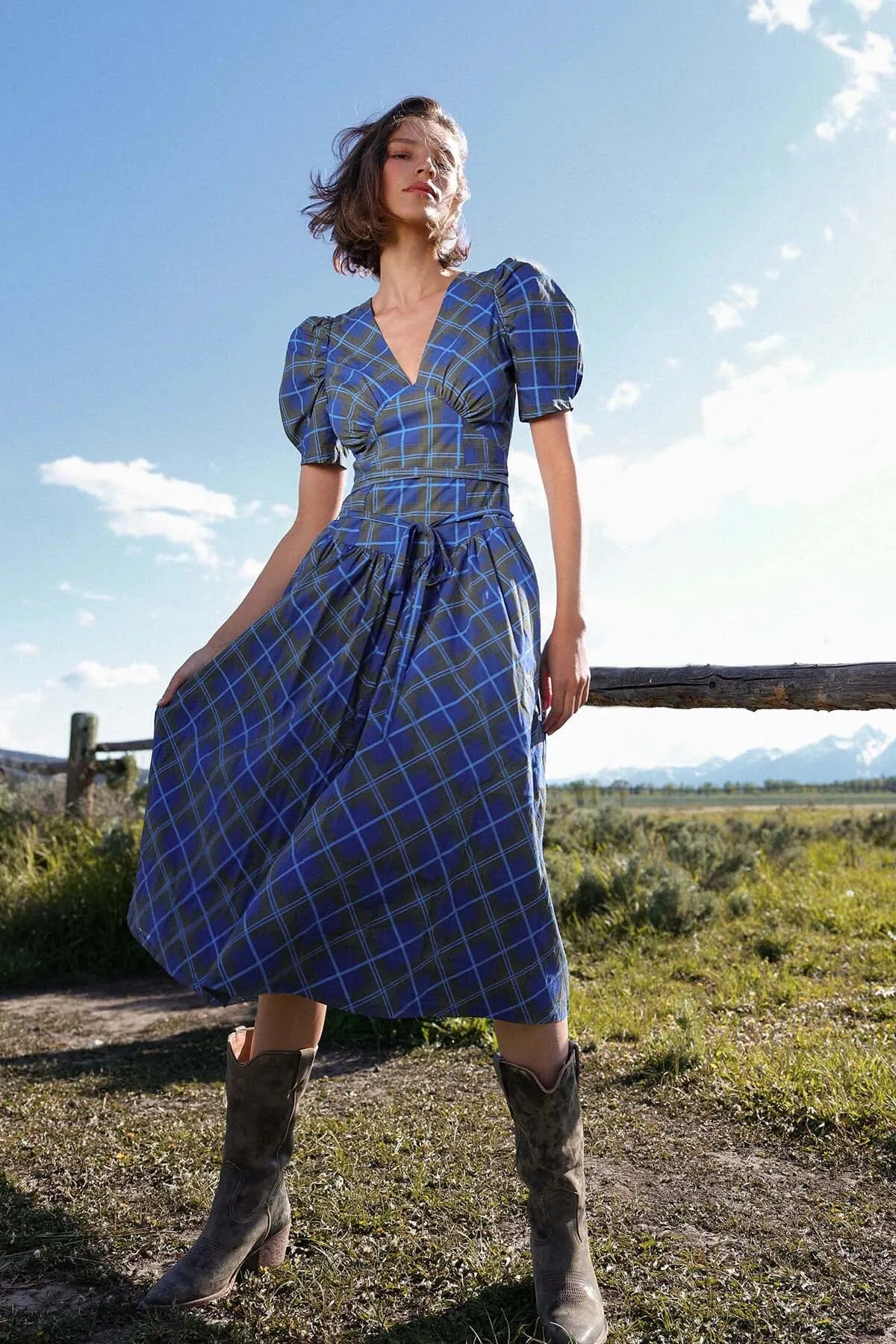Plaid Cotton Puff Sleeve Midi Dress sold by Avec Les Filles product image thumbnail 2