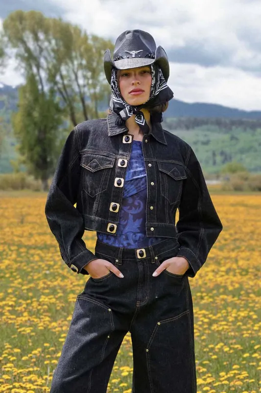 Novelty Button Cropped Denim Jacket sold by Avec Les Filles