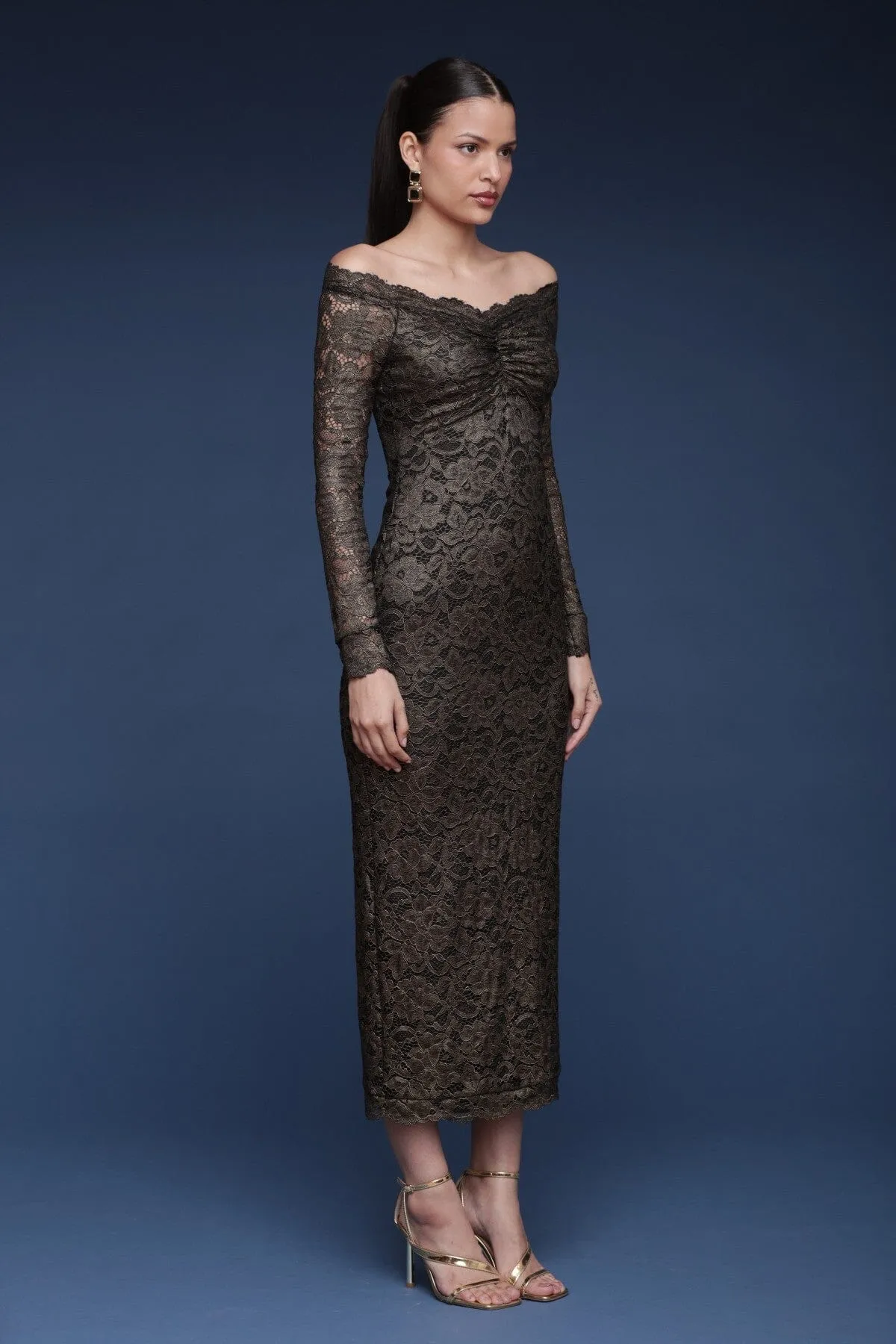 Metallic Lace Off-Shoulder Sheath Dress sold by Avec Les Filles product image thumbnail 4