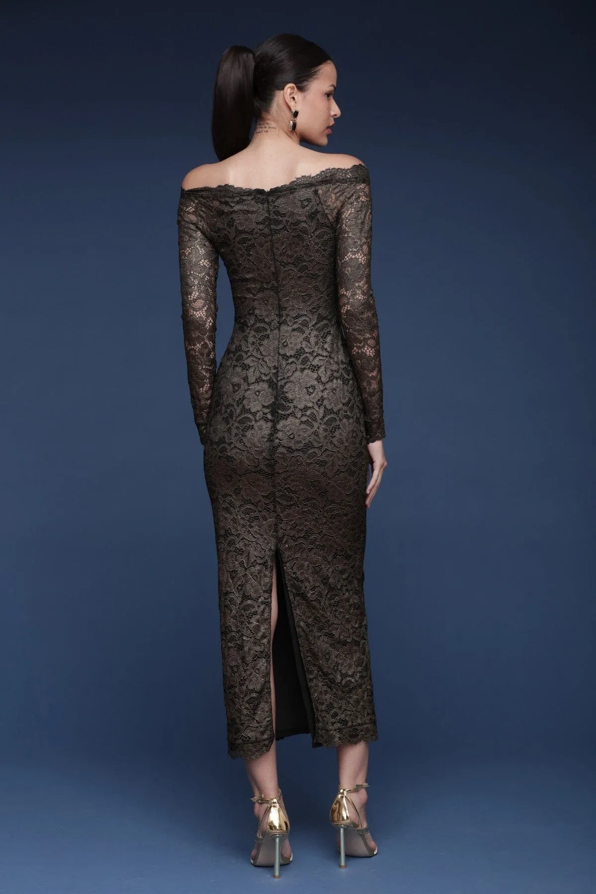 Metallic Lace Off-Shoulder Sheath Dress sold by Avec Les Filles product image thumbnail 5