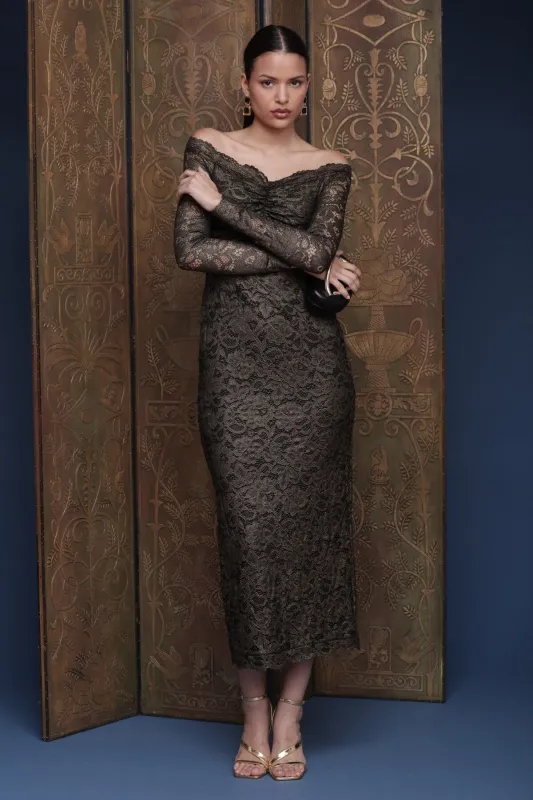 Metallic Lace Off-Shoulder Sheath Dress sold by Avec Les Filles