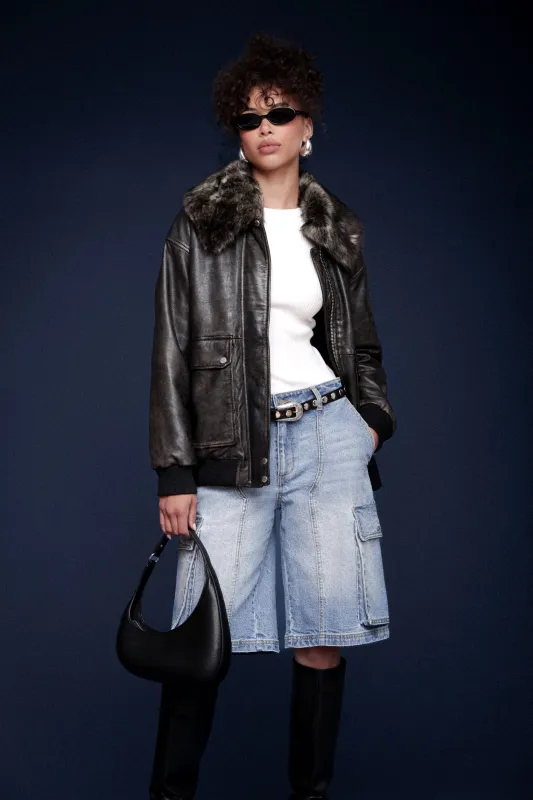 Shearling Collared Genuine Leather Bomber Jacket sold by Avec Les Filles