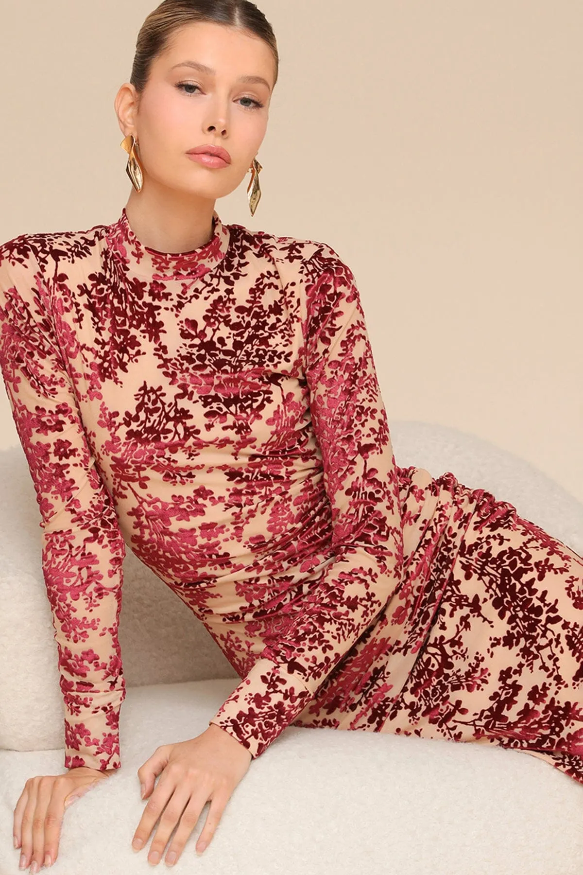 Floral Velvet Ruched Bodycon Midi Dress sold by Avec Les Filles