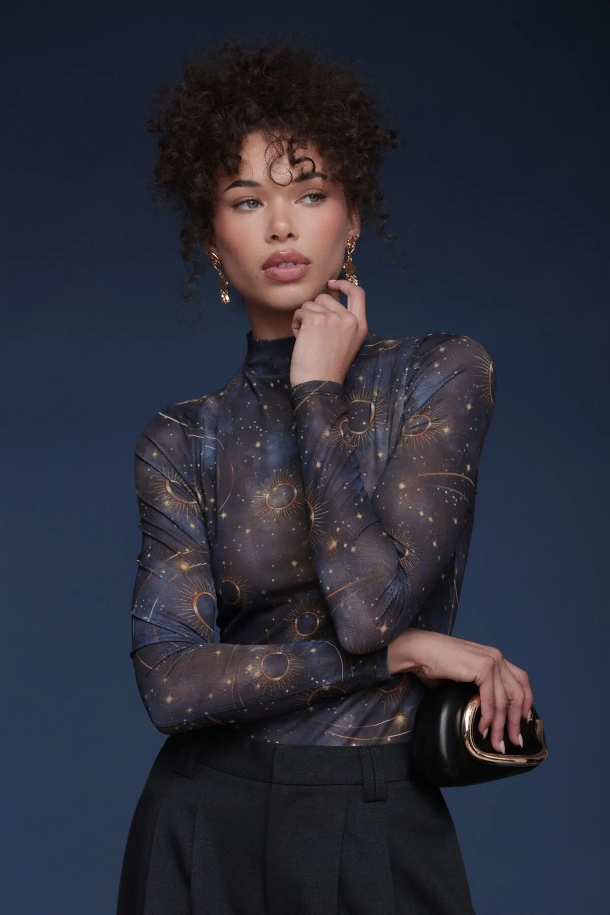 Celestial Print Mesh Mockneck Top sold by Avec Les Filles