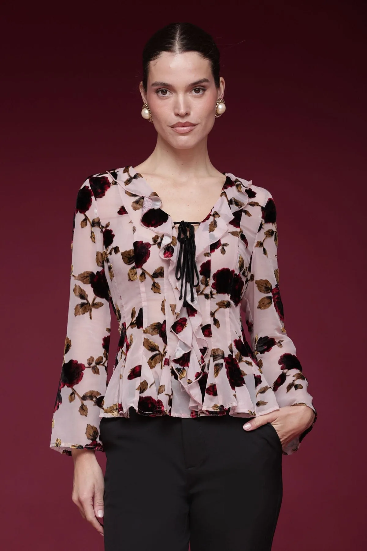 Floral Velvet Ruffle Blouse sold by Avec Les Filles product image thumbnail 3