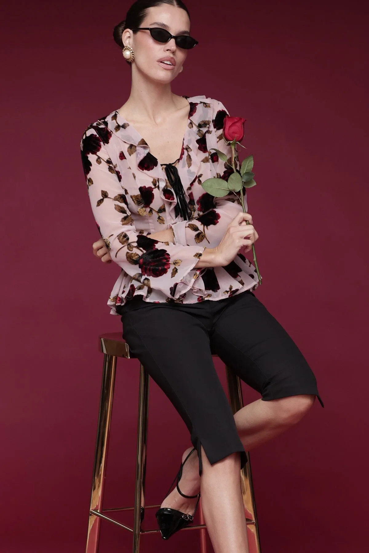 Floral Velvet Ruffle Blouse sold by Avec Les Filles