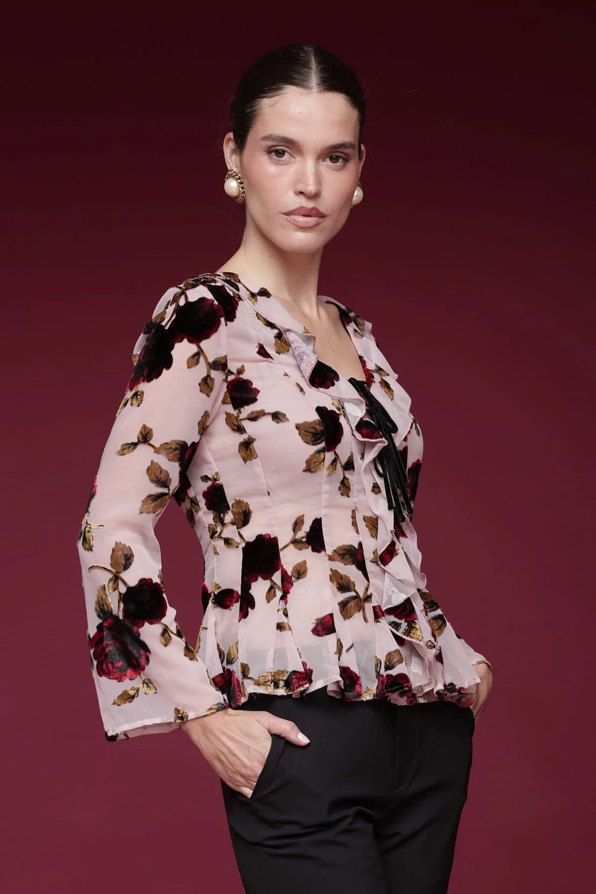 Floral Velvet Ruffle Blouse sold by Avec Les Filles product image thumbnail 4